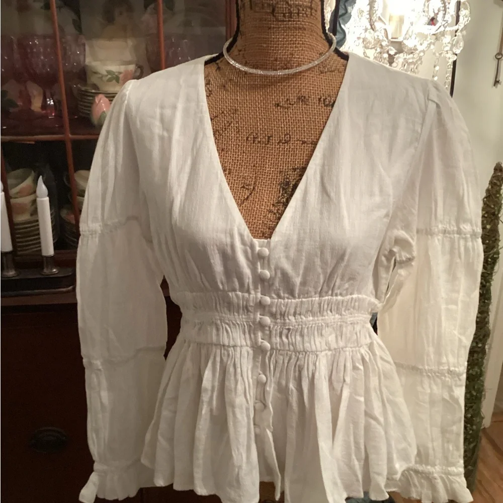 Faherty Regenerative Cotton White Peasant Blouse with Smocked Waist - Picture 1 of 4